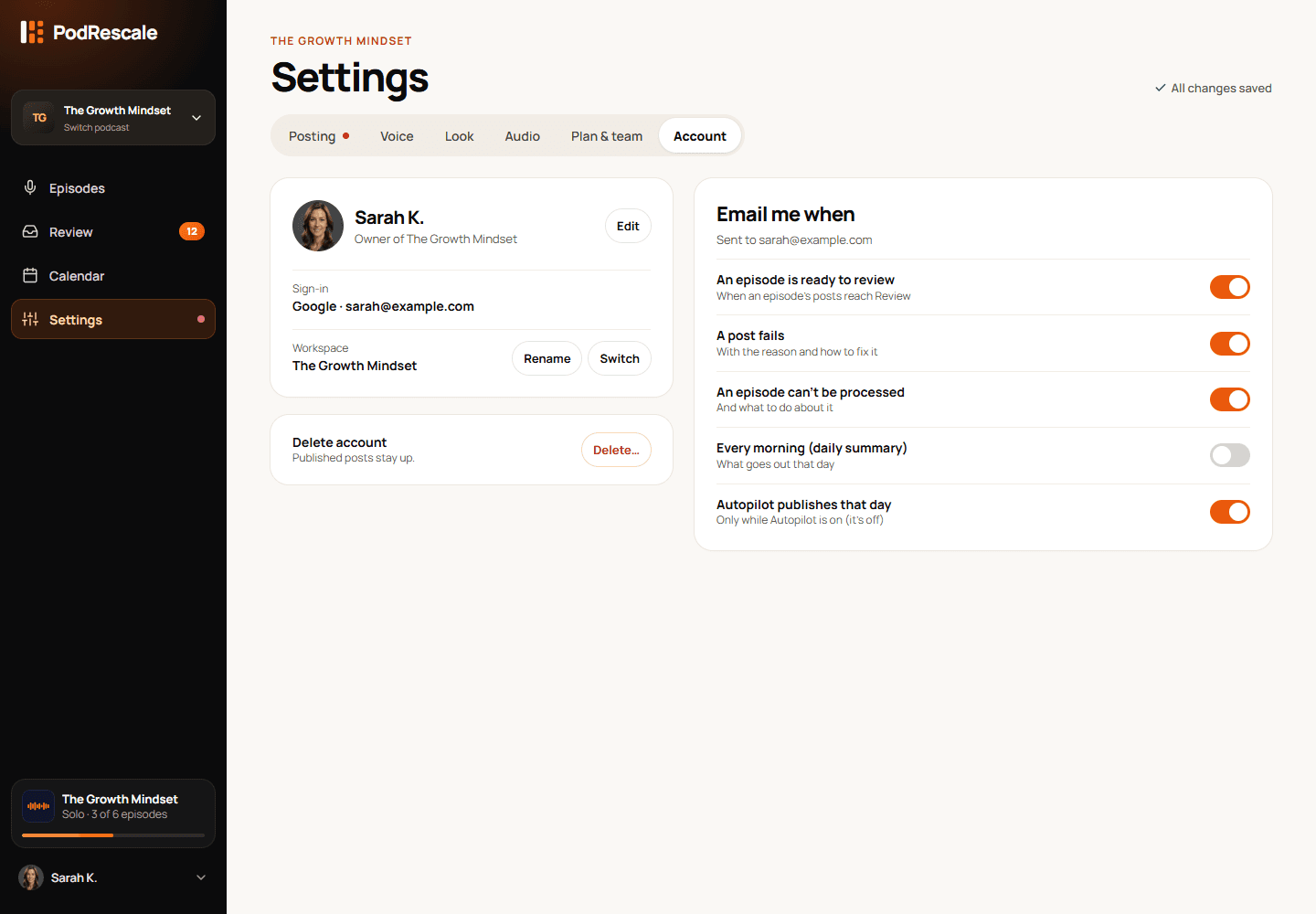 Account settings showing sign-in information, the current workspace and email notification switches
