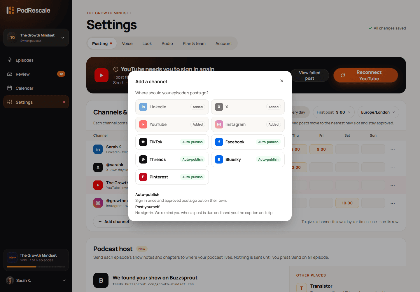 Add a channel picker with available platforms and explanations of auto-publish and post-yourself modes