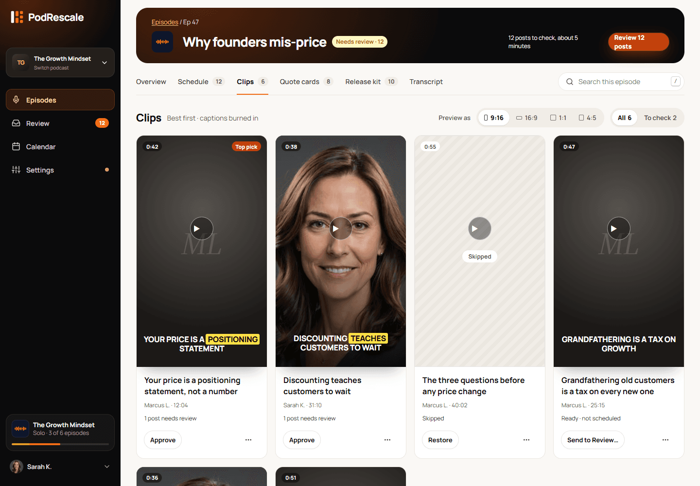 Podcast clips with short duration labels and vertical previews