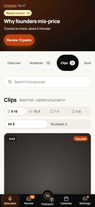 Mobile episode page with the Clips tab selected