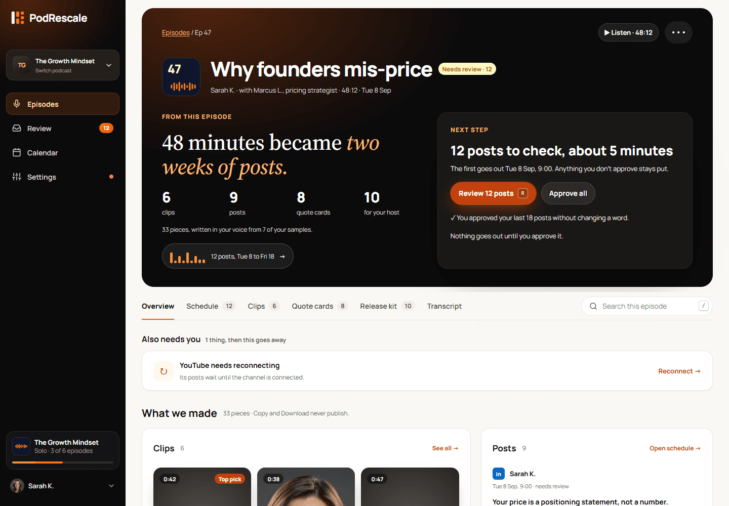 Finished episode overview with a review action and tabs for posts, clips, quote cards, release kit and transcript