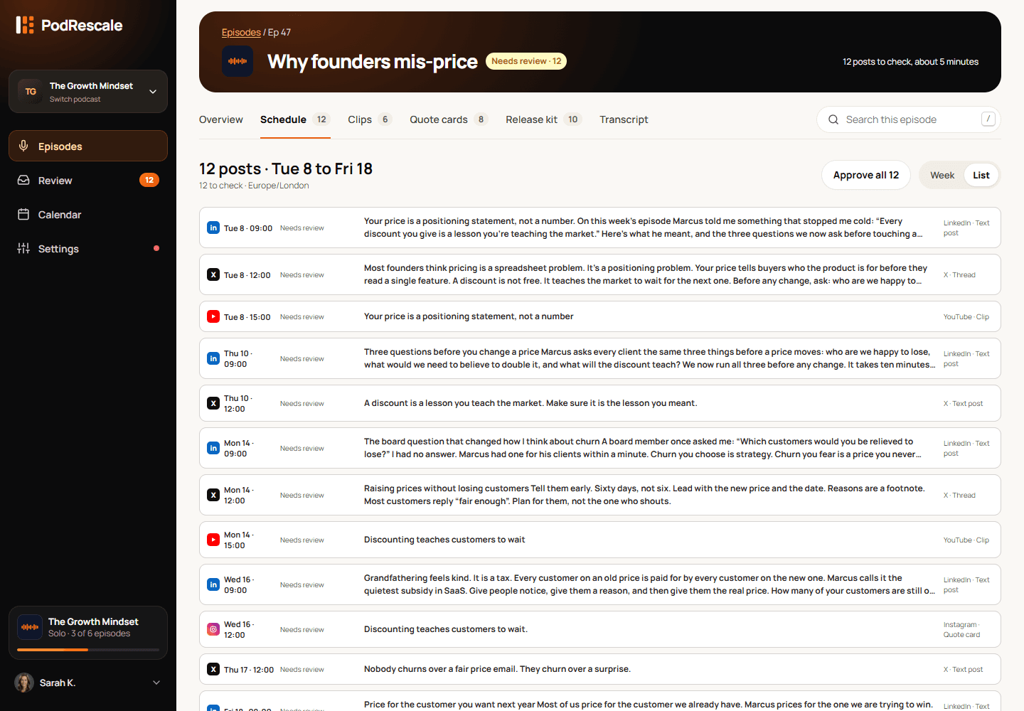 Episode Schedule tab in List view showing LinkedIn drafts waiting for review