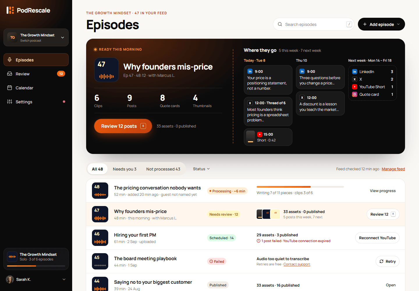 Episode library with processing, failed and not-processed status rows
