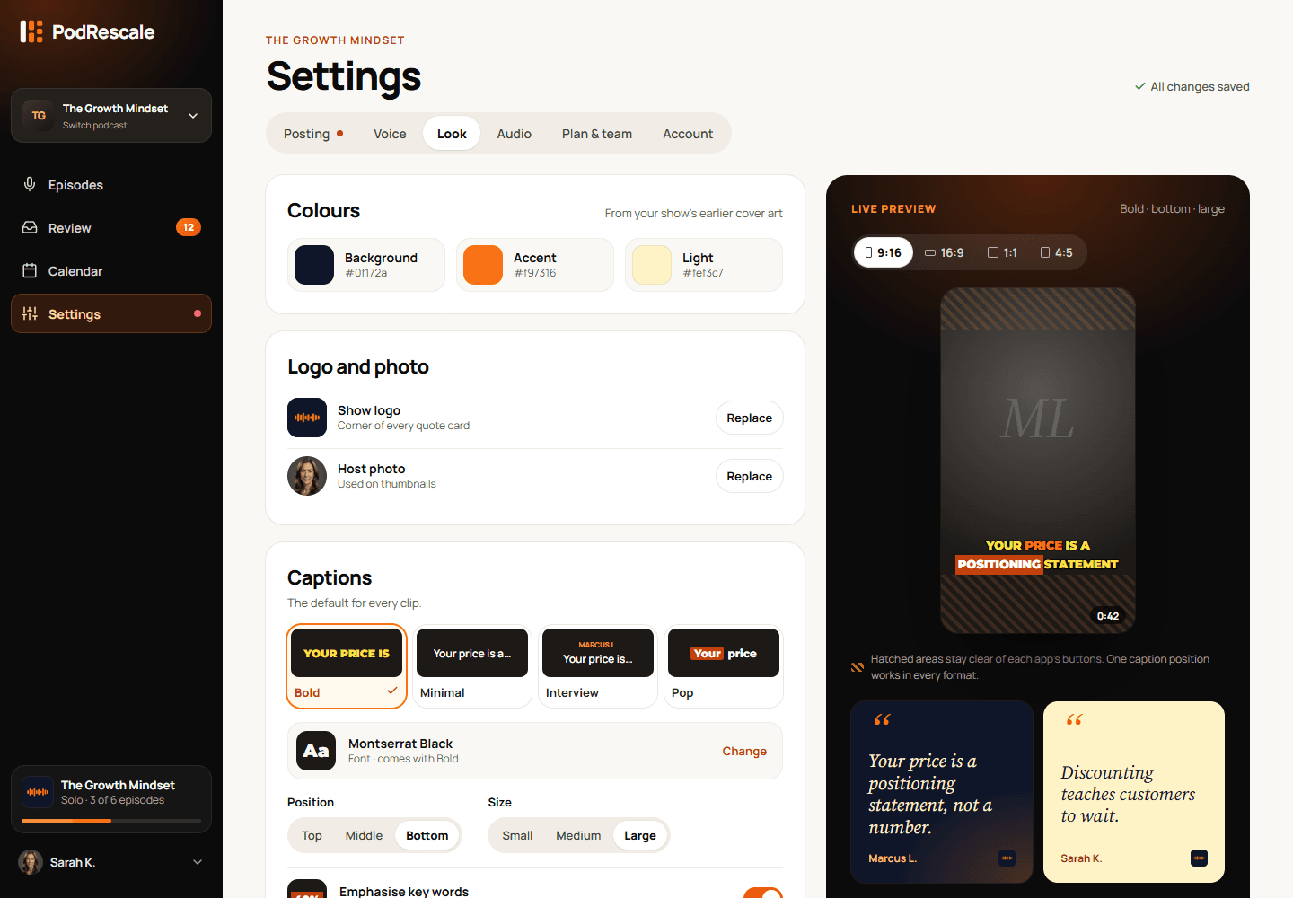 Look settings showing brand and caption options for generated visuals