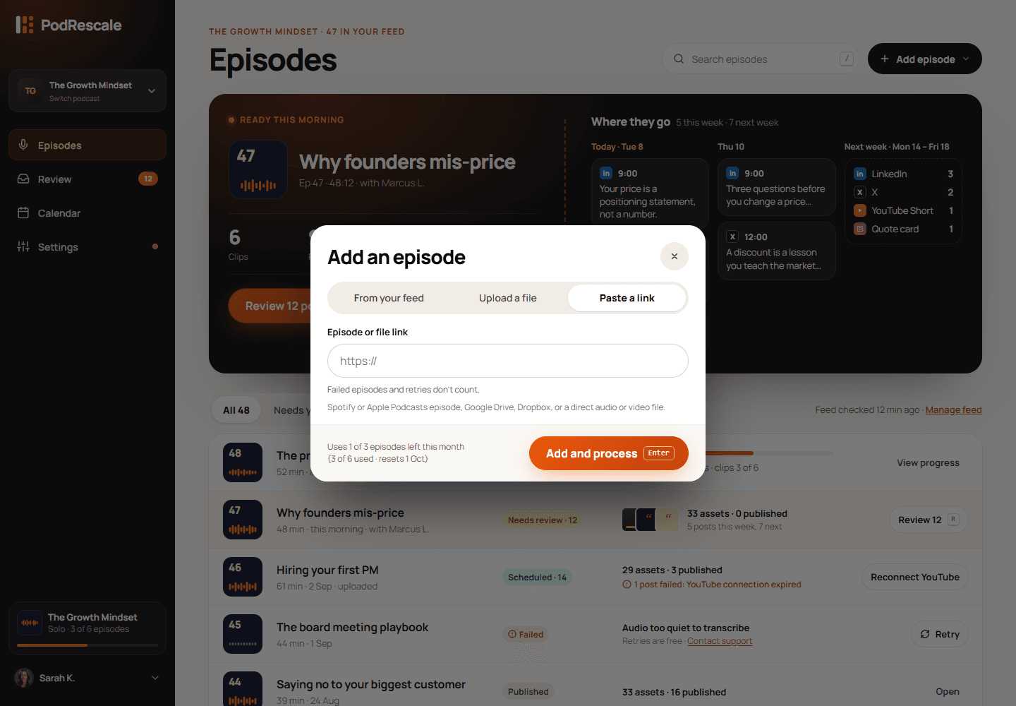 Paste a link screen for adding a public audio or video recording