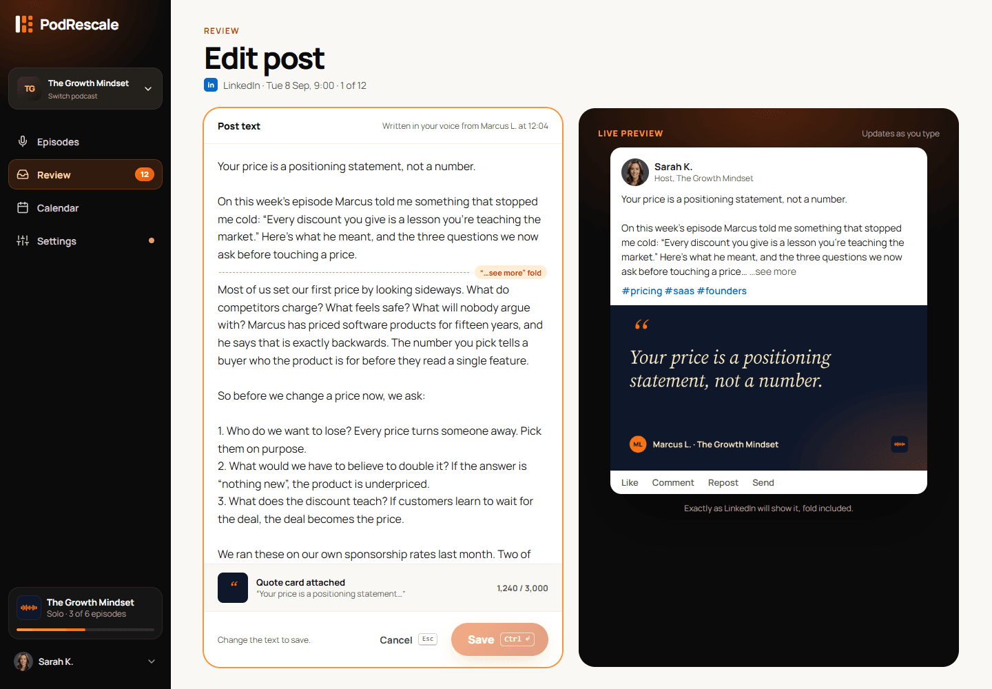 Social post editor with editable text, a live LinkedIn preview, character count and Save action