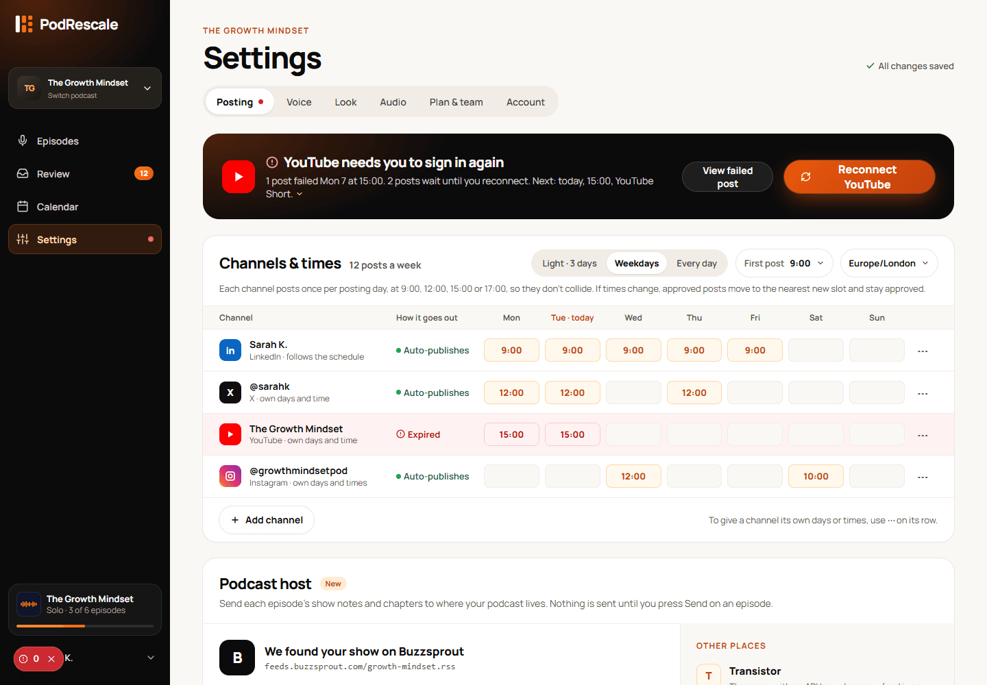 Posting settings with connected channels, posting days and times