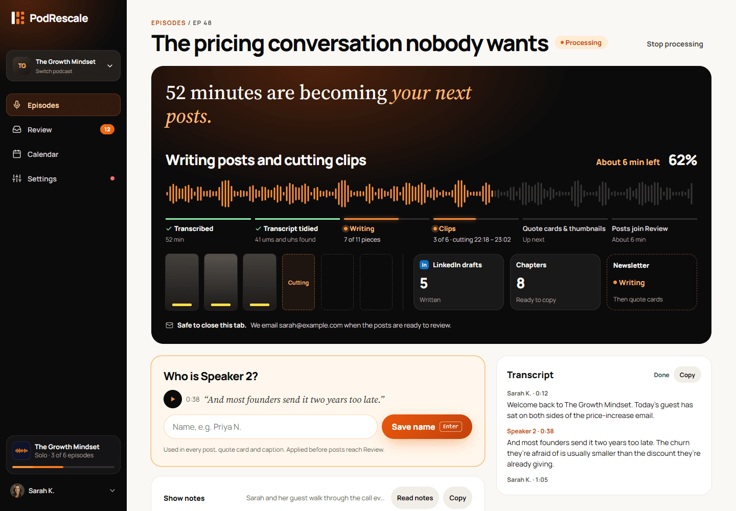 Episode processing screen showing progress and speaker information