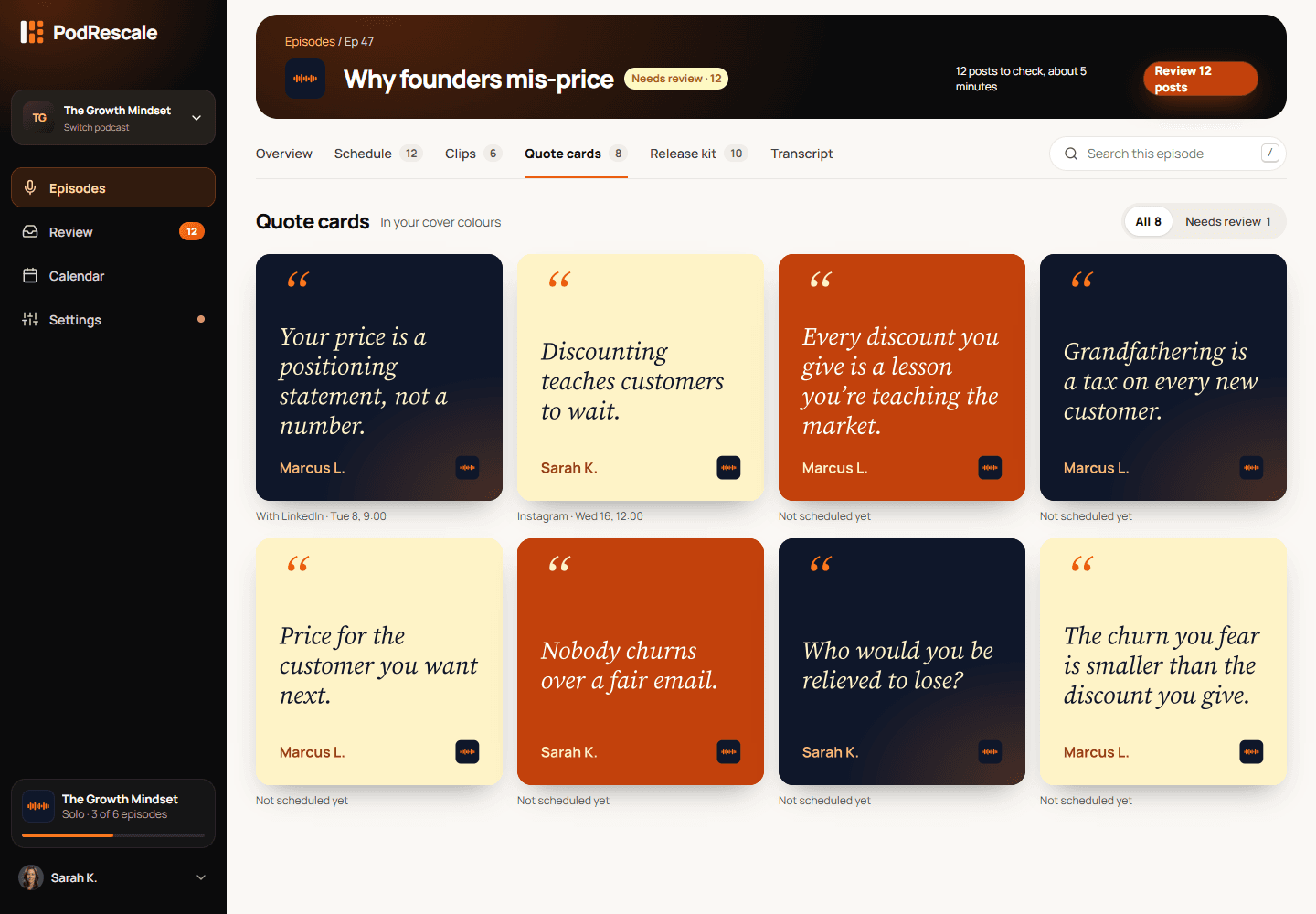 Quote cards tab with generated podcast quote images