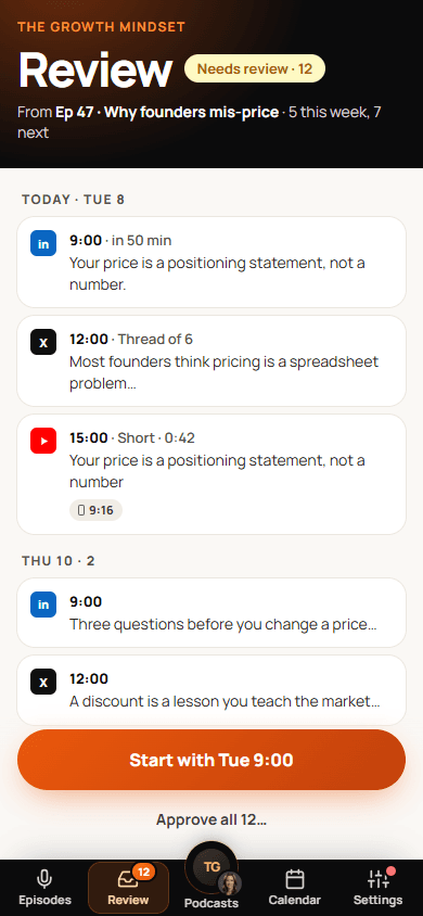 Mobile Review screen for choosing and checking podcast social posts