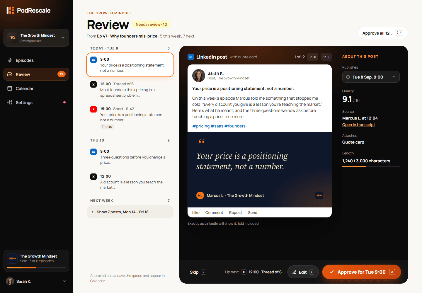 Review screen with a post preview, publishing details and approval controls