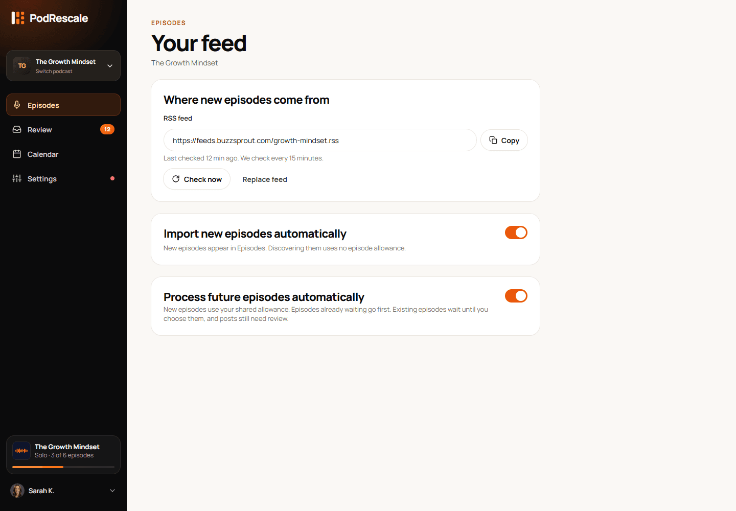 Your feed page showing the RSS address, last check, Check now action and automatic-import setting