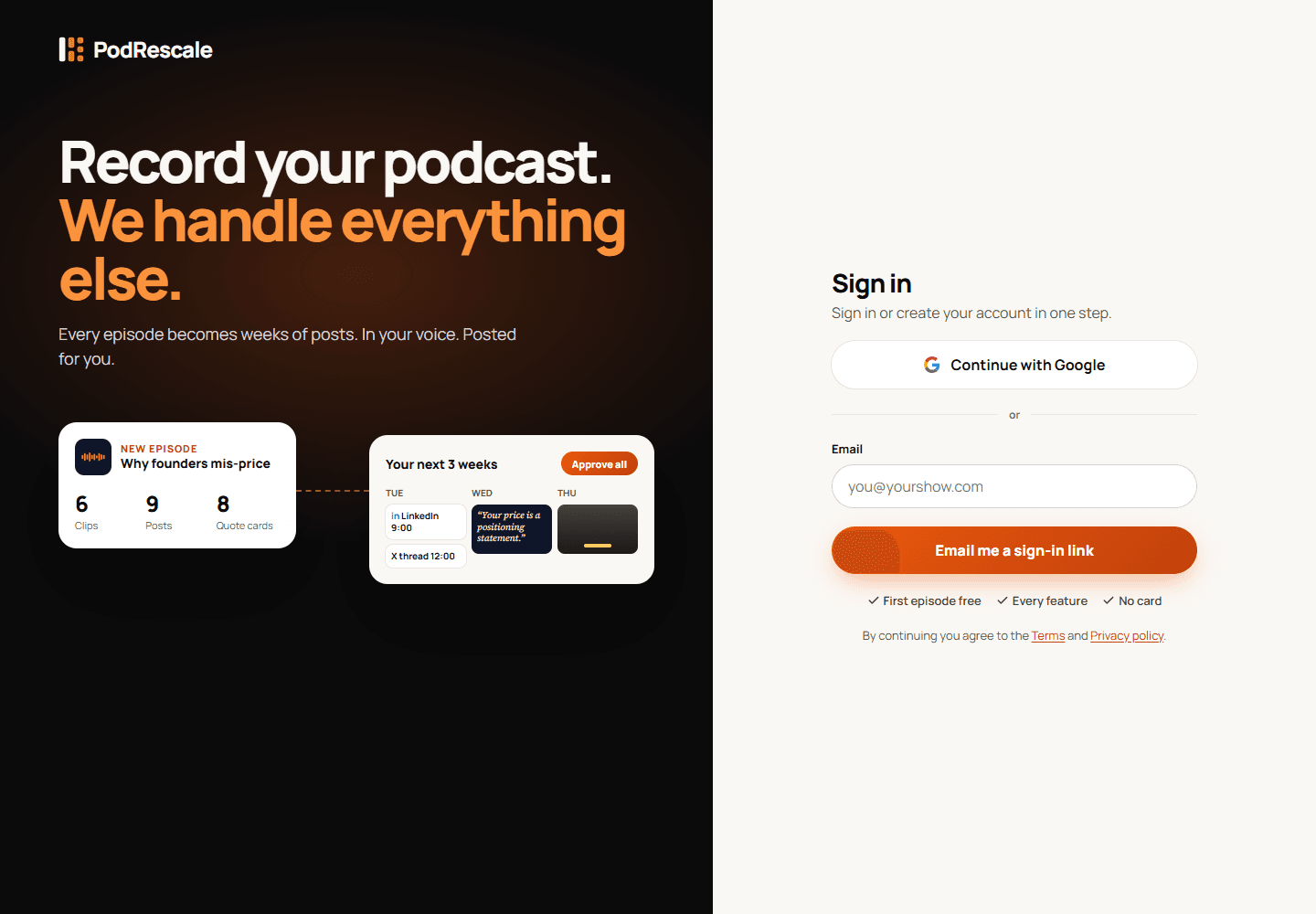 PodRescale sign-in page offering Google sign-in and an email link