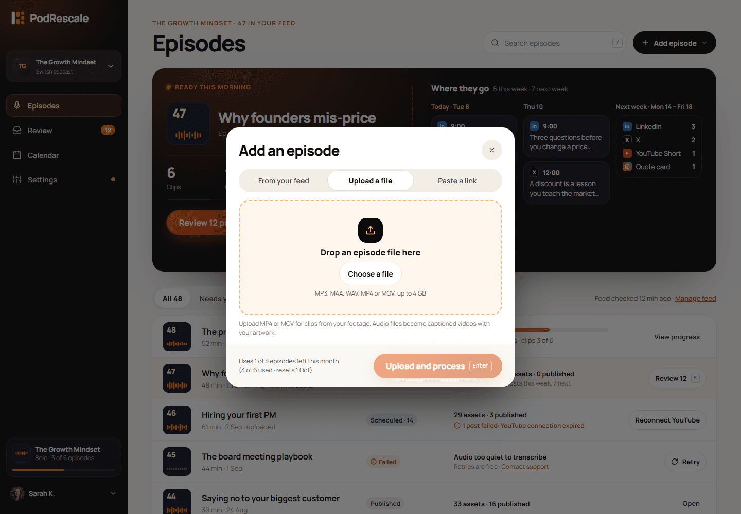 Add episode screen with the Upload a file option and audio or video file input