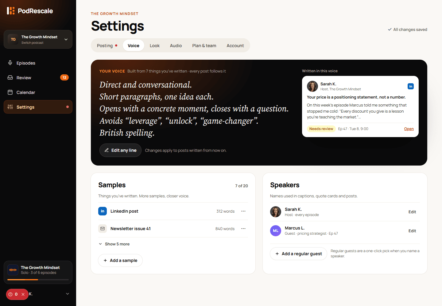 Voice settings with an editable voice summary, writing samples and speakers