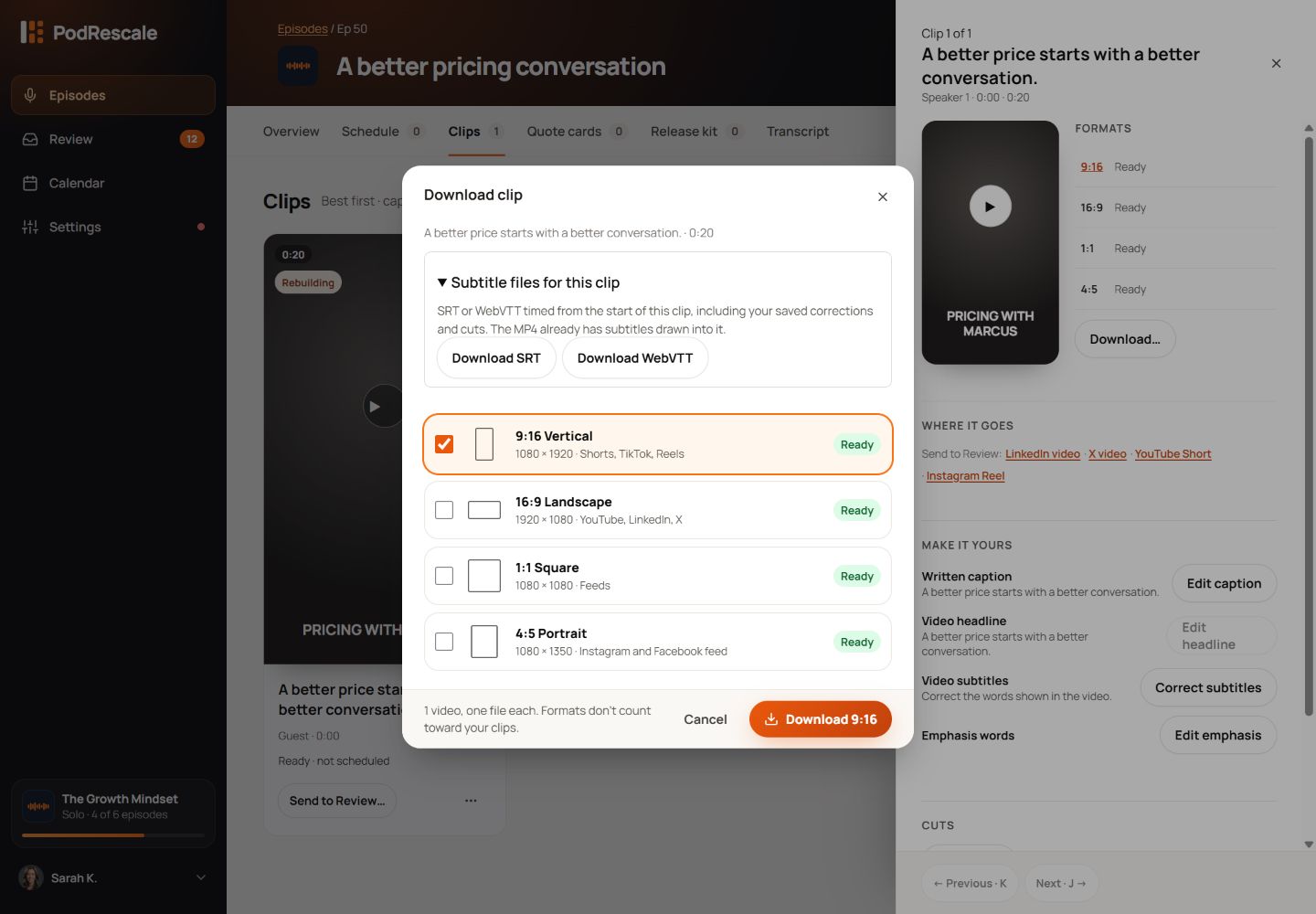 Download clip dialog with SRT and WebVTT buttons alongside the four video formats.