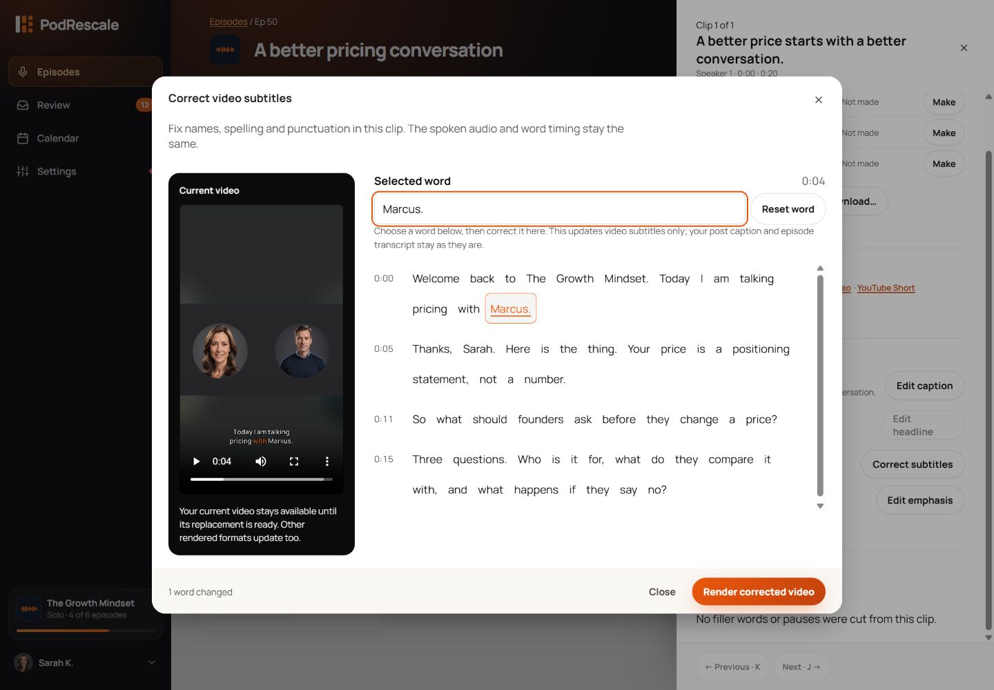 The video subtitle editor with a timed transcript and a selected name being corrected to Marcus.