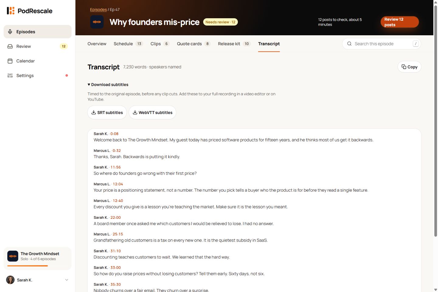 The episode Transcript tab with Download subtitles expanded and separate SRT and WebVTT download buttons.