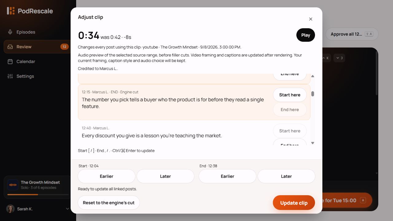 The Adjust clip dialog showing a selected transcript sentence, a 34-second cut and controls to move the start and end.