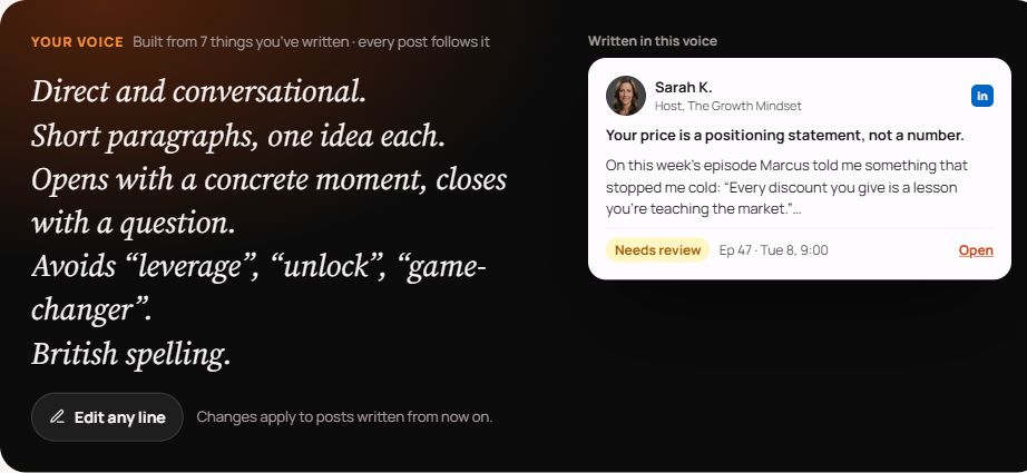 Voice settings with editable writing rules on the left and a sample LinkedIn post written in that voice on the right.