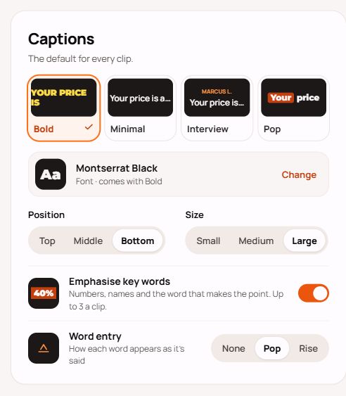 Caption settings showing Bold, Minimal, Interview and Pop presets, font selection, position, size, key-word emphasis and word-entry effects.