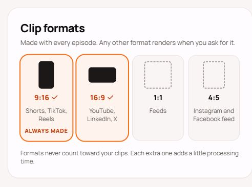 Clip format settings with 9:16, 16:9, 1:1 and 4:5 options, including the platforms each shape suits.