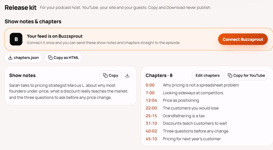 The Release kit with a Buzzsprout connection prompt, show notes, chapter timestamps, Copy as HTML and chapters.json controls.