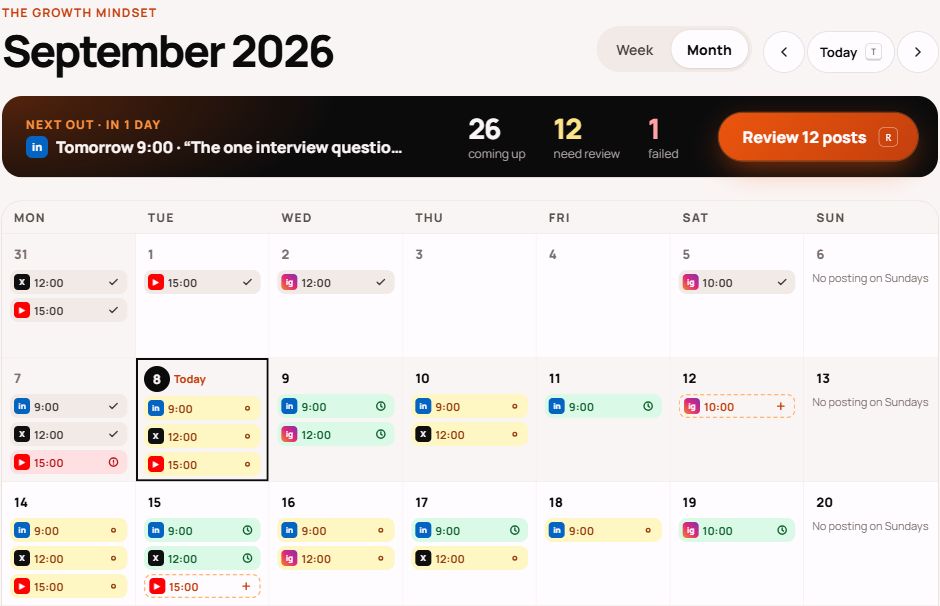 Part of the September sample calendar, with colour-coded published, scheduled and review posts across LinkedIn, X, YouTube and Instagram.