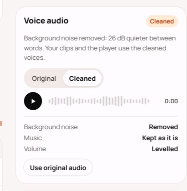 An episode’s Voice audio card with Original and Cleaned comparison controls and a Use original audio button.