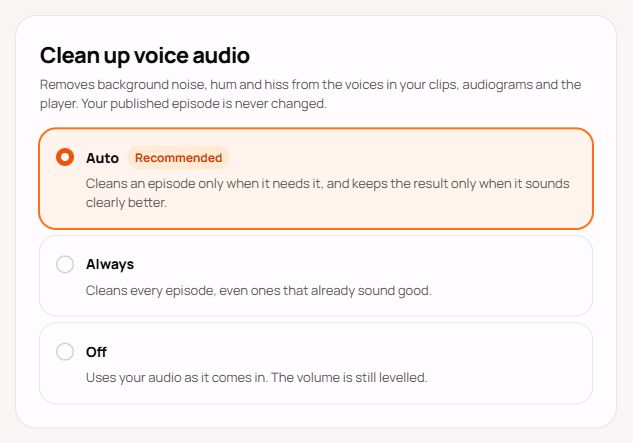 Voice cleanup settings showing Auto, Always and Off, with Auto selected.