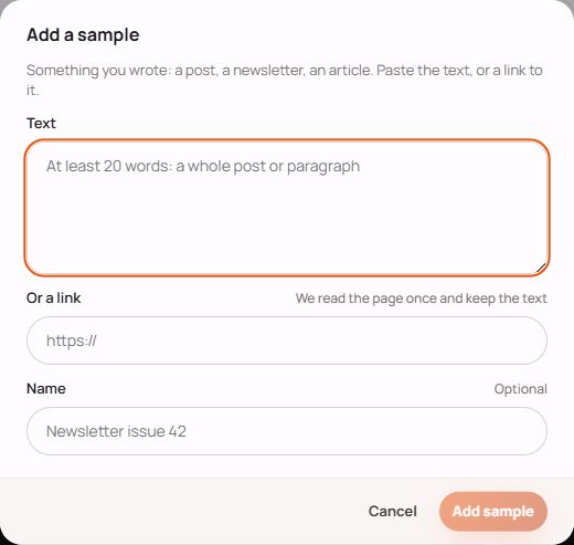 Add a sample dialog with fields for writing text, a link and an optional name.