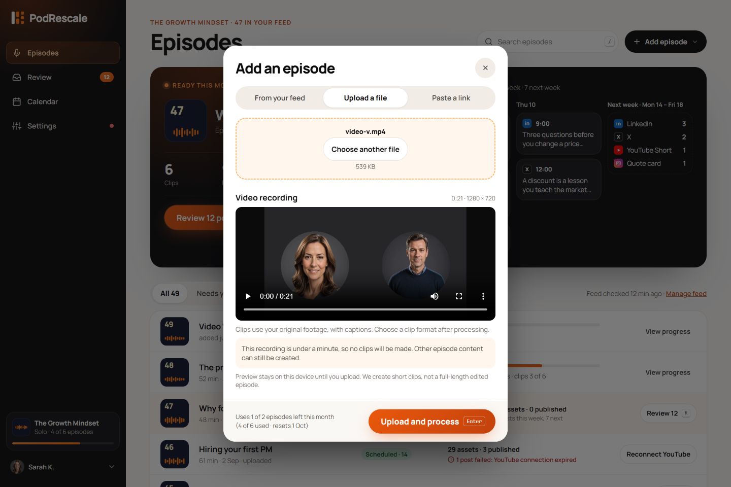 Add an episode showing a playable video preview, its duration and dimensions, and a warning that the short sample will not produce clips.